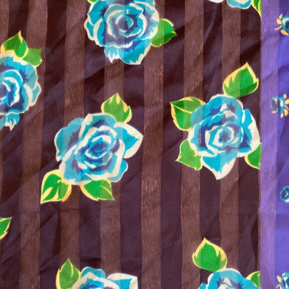 Vintage Blue Roses Rose Flower Scarf Floral 20 X 20" Made in Italy Chiffon Green - Picture 9 of 16
